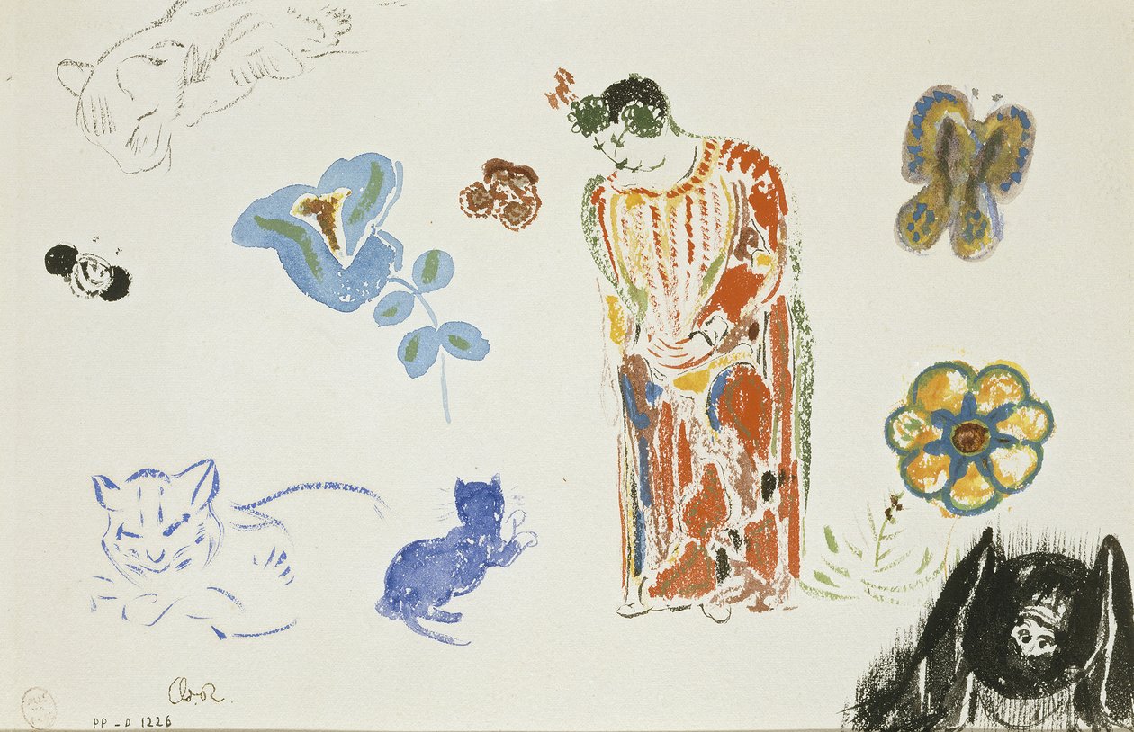 Foglio di studi: donna, fiori e animali da Odilon Redon