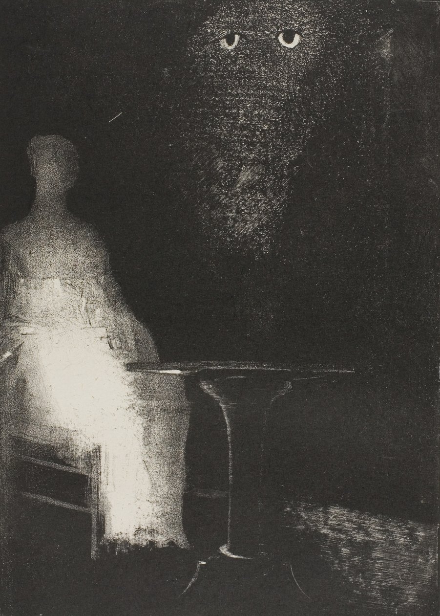 Continuavo a fissare la sedia e immaginavo di vedere su di essa un contorno nebbioso azzurro pallido di una figura umana, tavola 1 di 6 da Odilon Redon