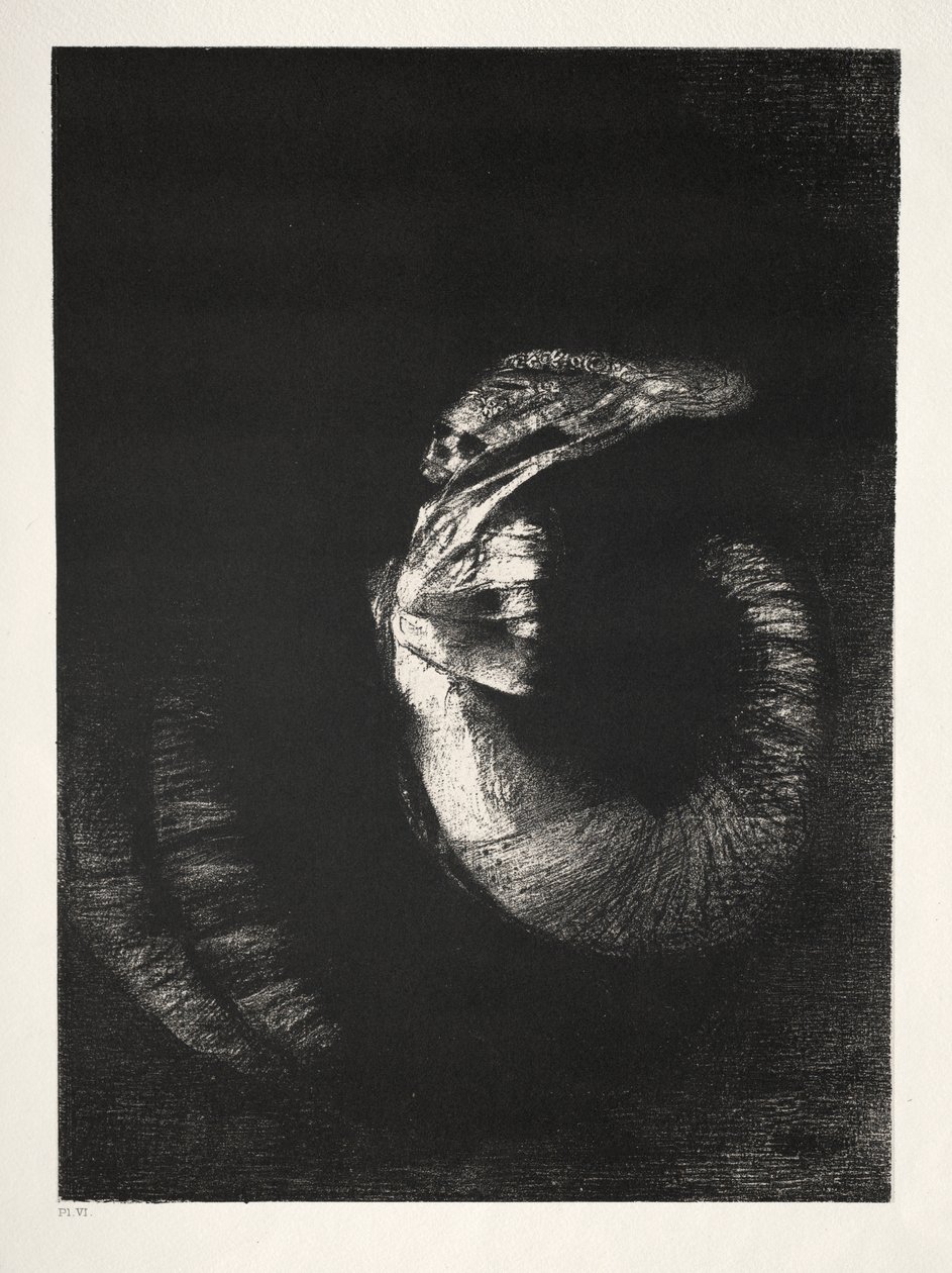 È un teschio incoronato di rose. Domina il torso di una donna di bianco perlaceo da Odilon Redon