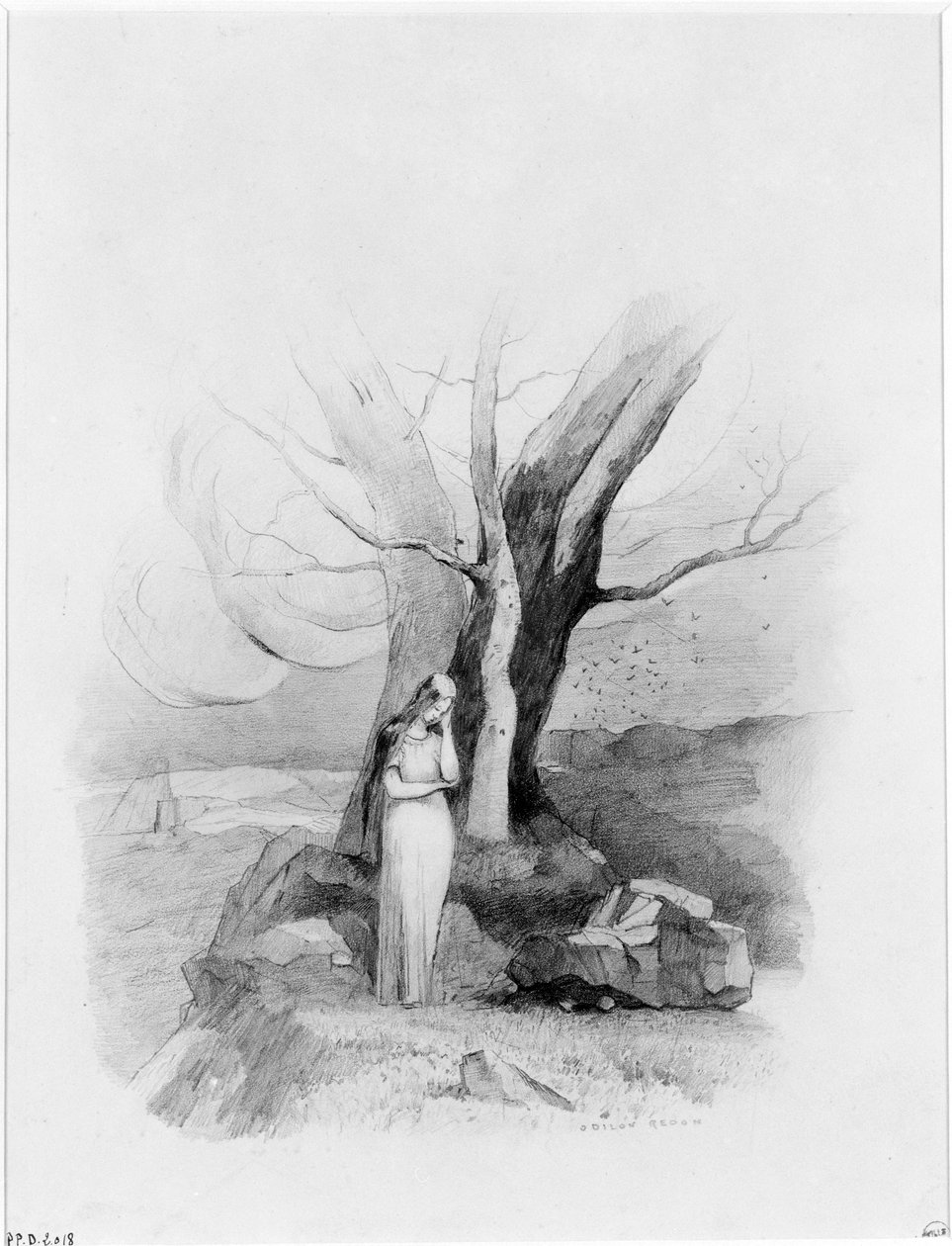 Ragazza in piedi ai piedi di un gruppo di alberi da Odilon Redon