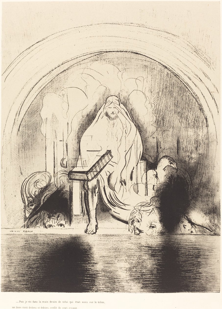 Puis je vis, dans la main droite de celui quietait assis sur le trone, un livre ecritdedans et dehors, scelle de sept sceaux da Odilon Redon
