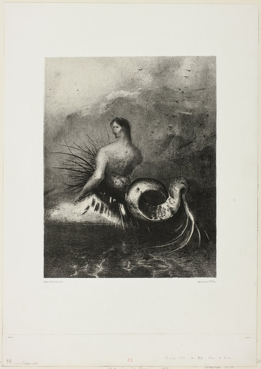 Sirena che esce dalle onde, vestita di fiamme, tavola 4 di 8 da "Le Origini" da Odilon Redon