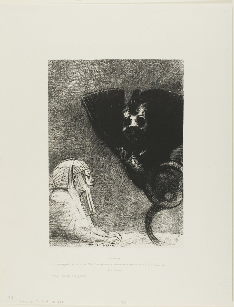 La Sfinge: "...il mio sguardo che nulla può deviare, passando attraverso gli oggetti, rimane fisso su un orizzonte inaccessibile." La Chimera: "Quanto a me, sono leggera e gioiosa," tavola 5 da A Gustave Flaubert da Odilon Redon