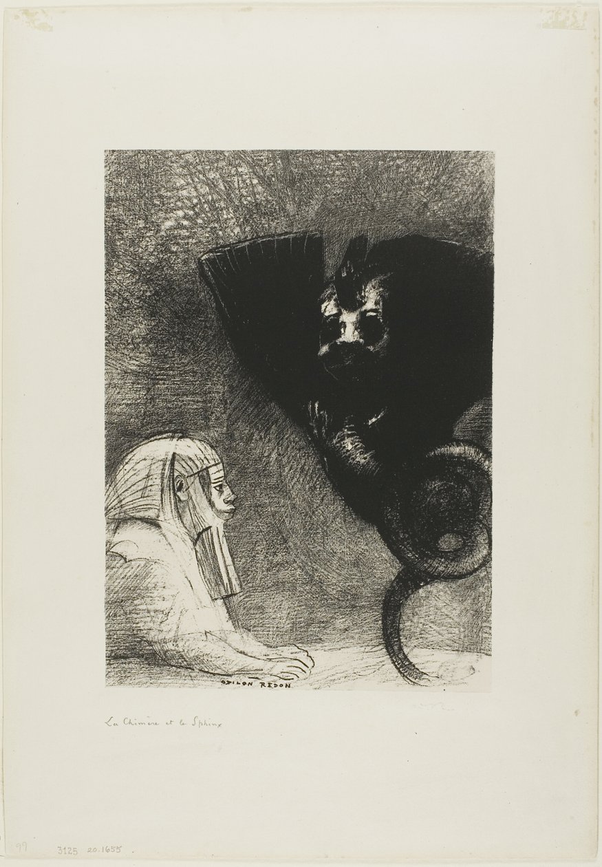 La Sfinge: "...il mio sguardo che nulla può deviare, passando attraverso gli oggetti, rimane fisso su un orizzonte inaccessibile." La Chimera: "Quanto a me, sono leggera e gioiosa," tavola 5 da A Gustave Flaubert da Odilon Redon