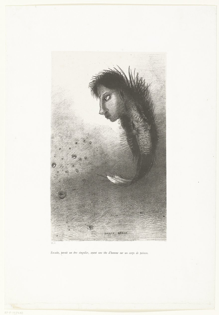 Poi apparve una strana creatura con una testa umana e un corpo di pesce da Odilon Redon