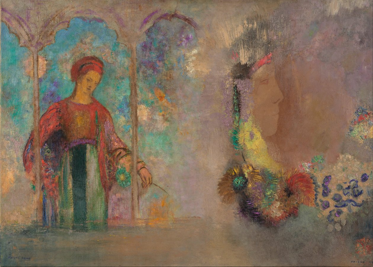 Donna in un porticato gotico: donna con dei fiori da Odilon Redon