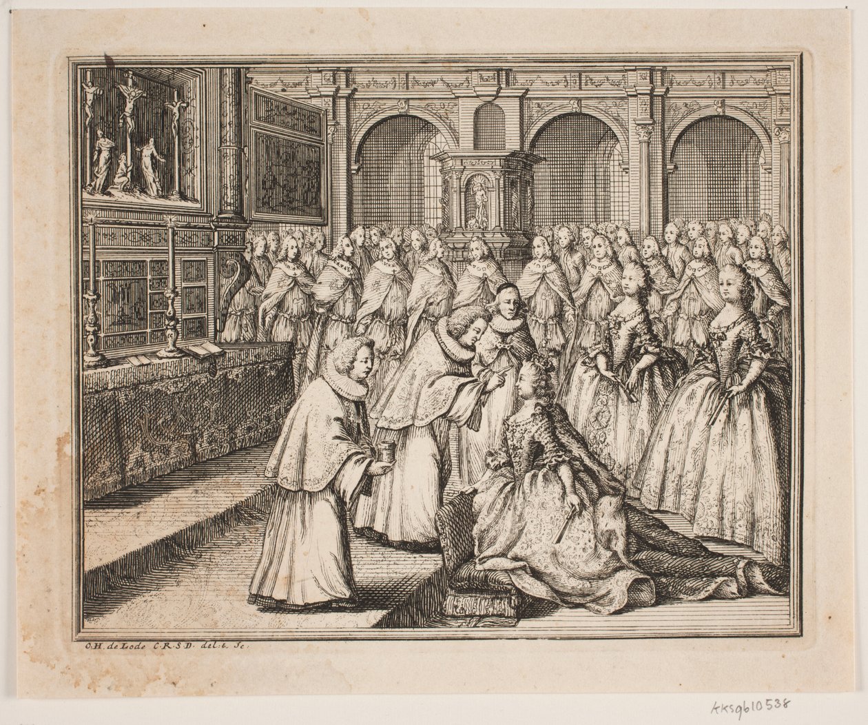 Il vescovo Hersleb unge la regina Luisa nella chiesa del castello di Frederiksborg. Illustrazione per l