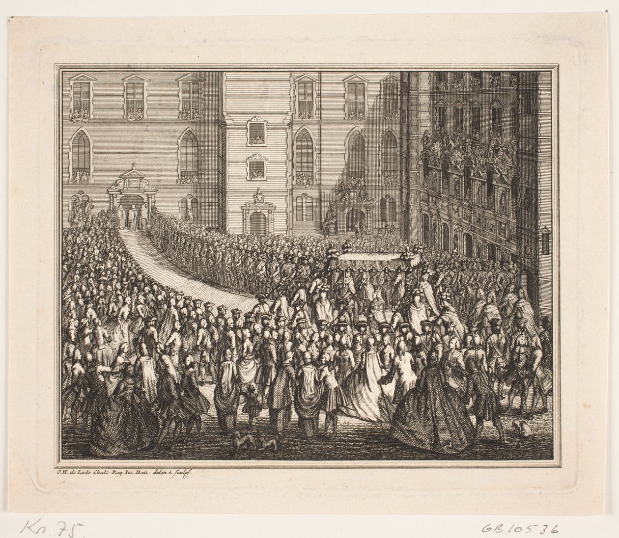 Re Federico V in processione per la cerimonia di incoronazione nella chiesa del castello di Frederiksborg. Illustrazione per l
