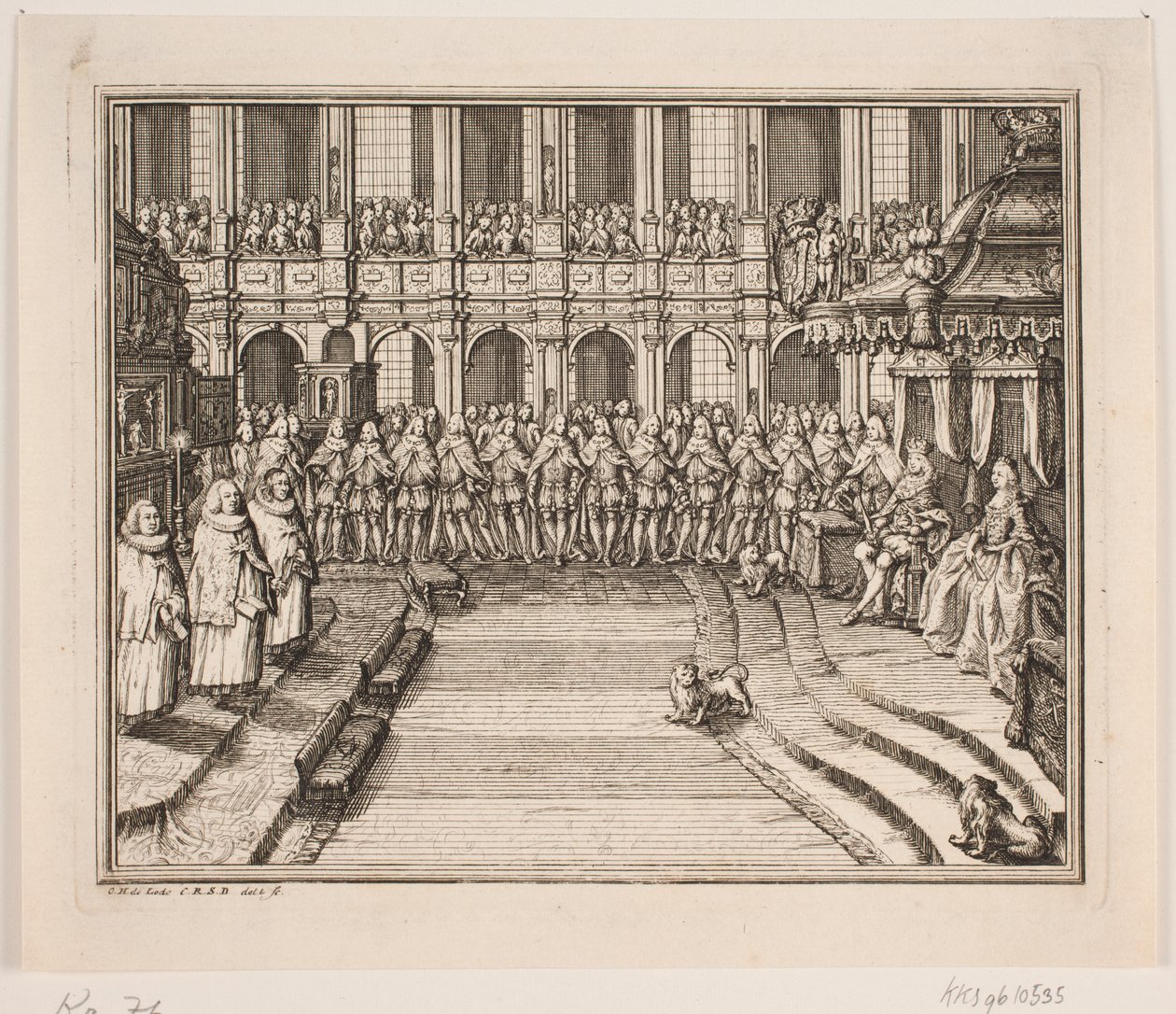 Re Federico V e la regina Luisa durante la cerimonia di incoronazione nella chiesa del castello di Frederiksborg. Illustrazione per l