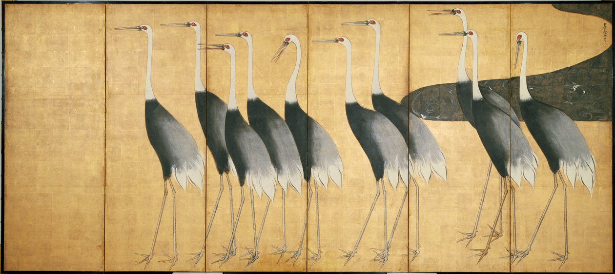 Schermo a sei pannelli raffigurante gru, periodo Edo (inchiostro, colore, oro e argento su carta) da Ogata Korin