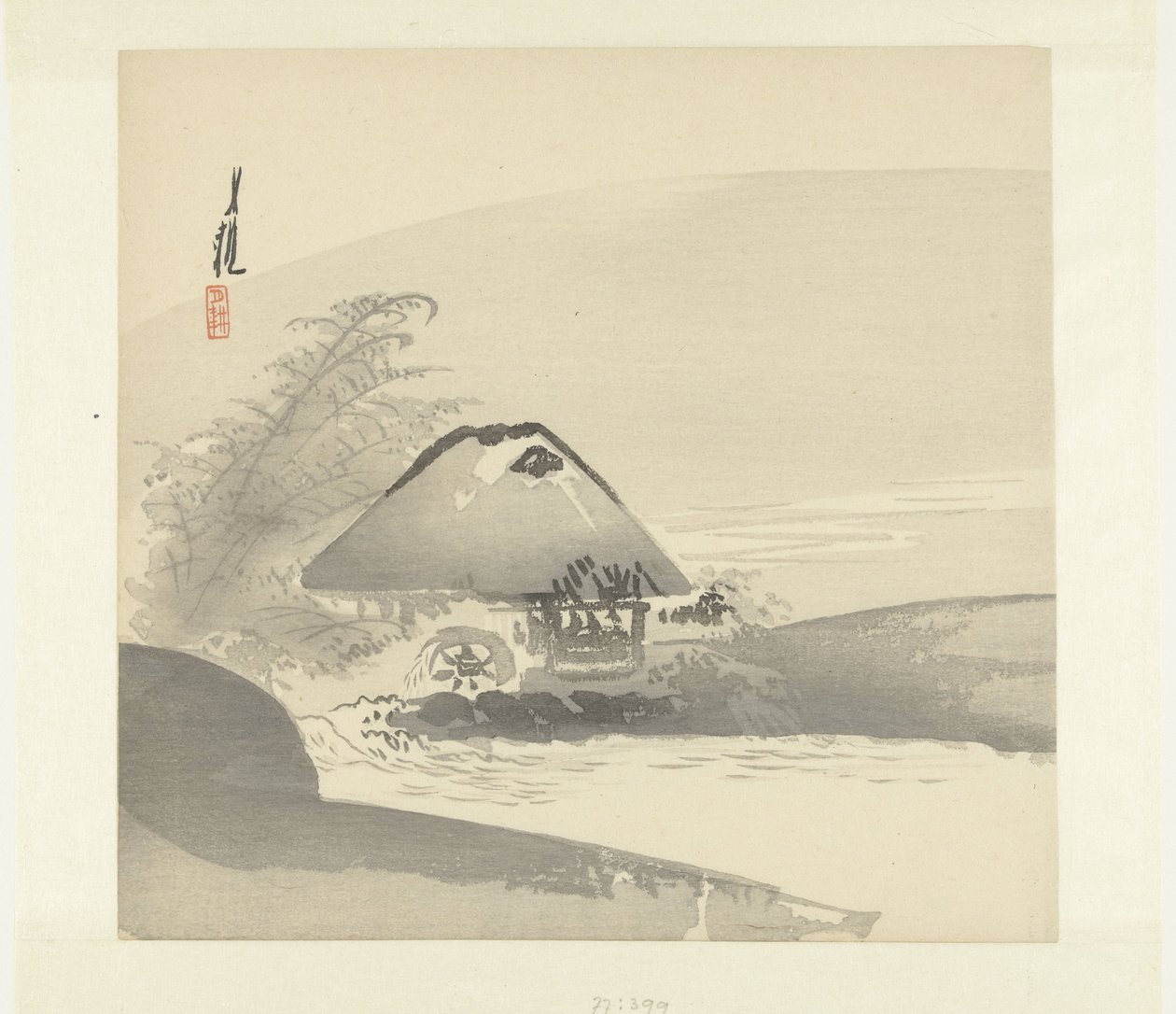 Paesaggio fluviale con casa con ruota idraulica da Ogata Gekko