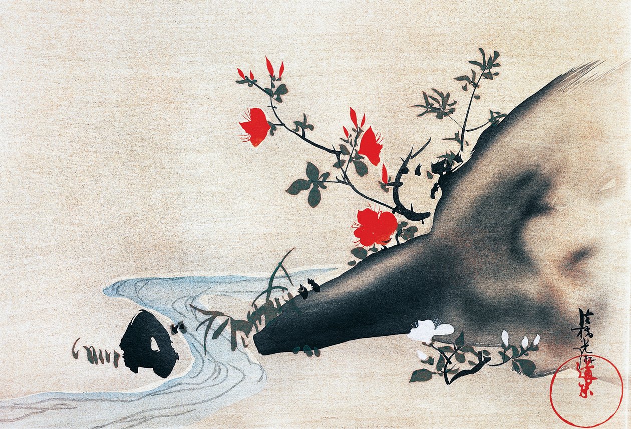 Azalee e ruscello, kakemono (rotoli appesi) dipinti su seta di Korin Ogata, periodo Edo, Giappone da Ogata Korin