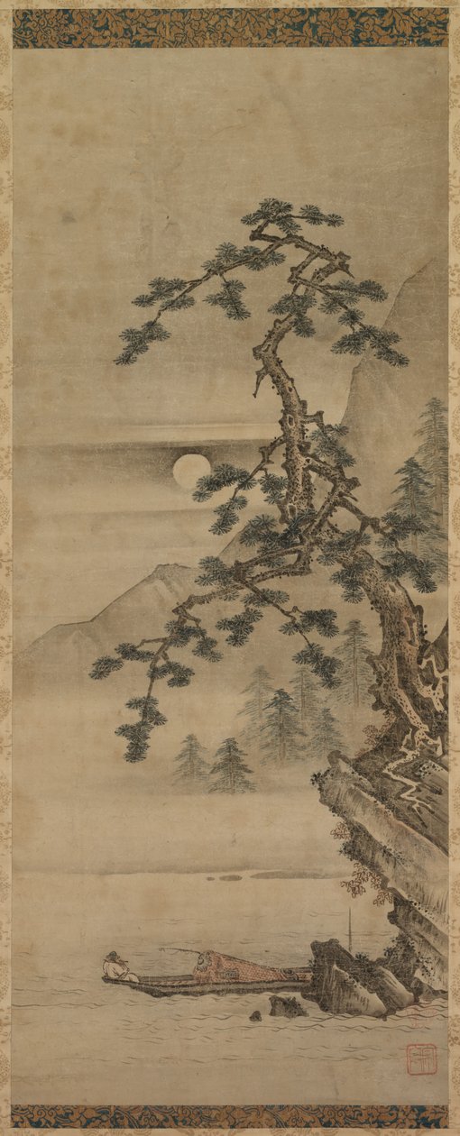 Paesaggio al chiaro di luna con pino e vecchio in barca, periodo Muromachi, 1392-1573 da Oguri Sotan