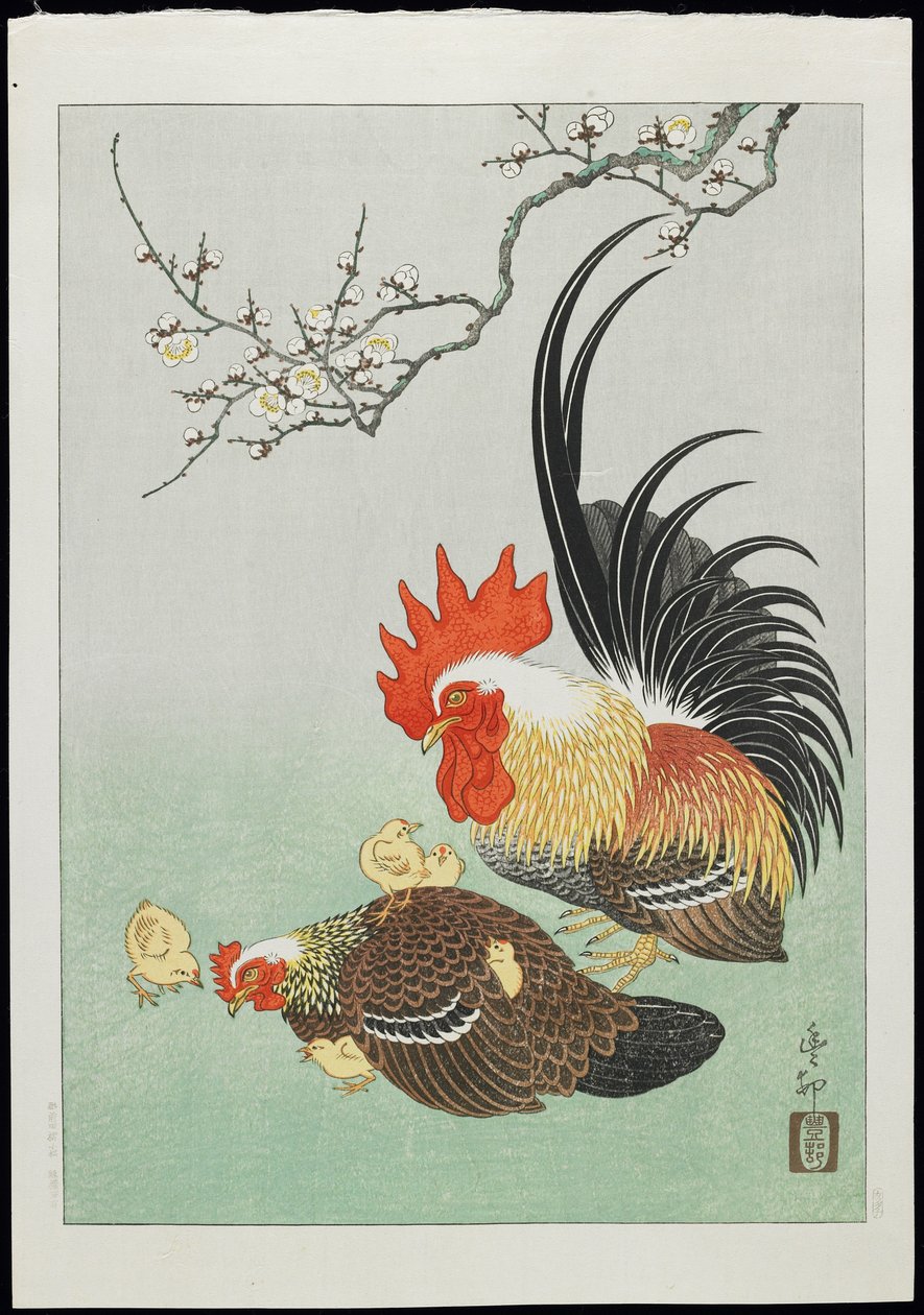 Gallo e gallina con pulcini, anni 1930 da Ohara Koson
