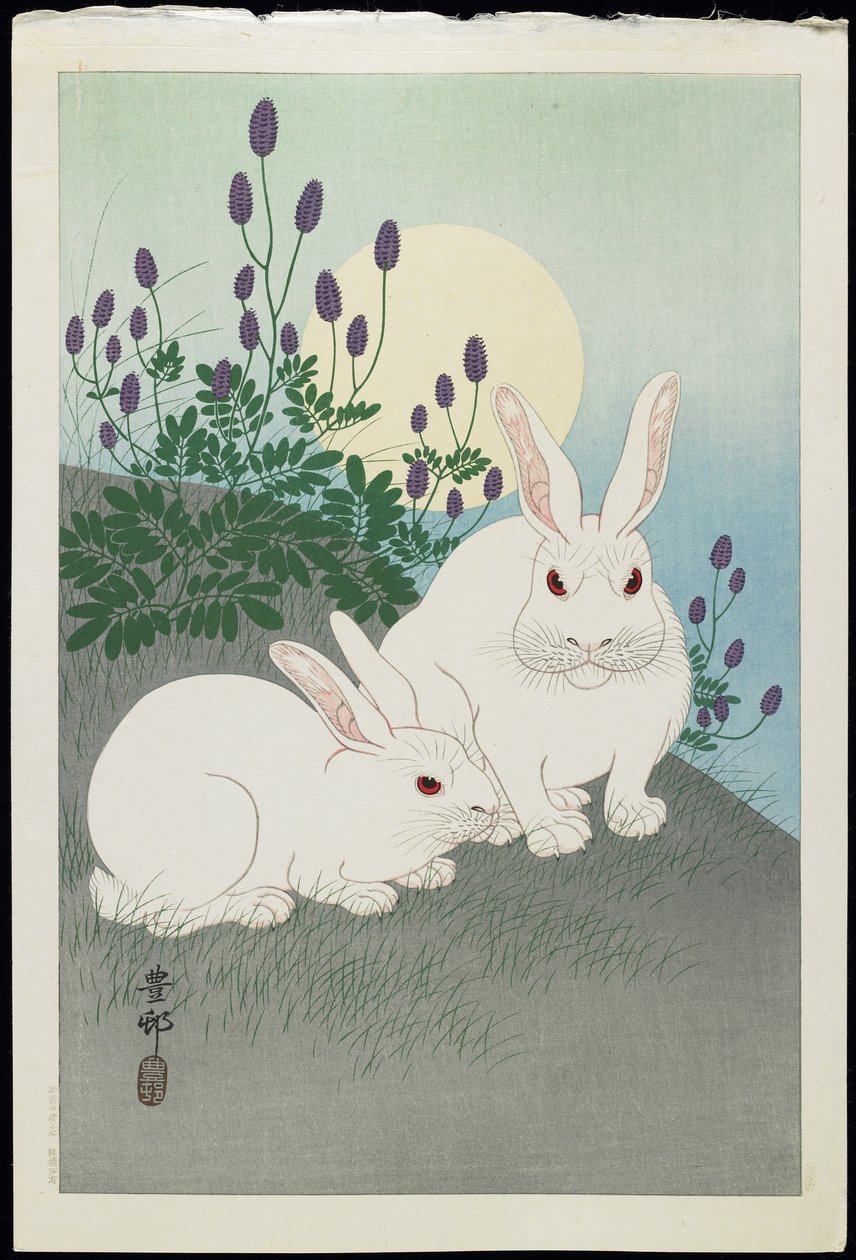 Due conigli bianchi sotto una luna piena, anni 1930 da Ohara Koson