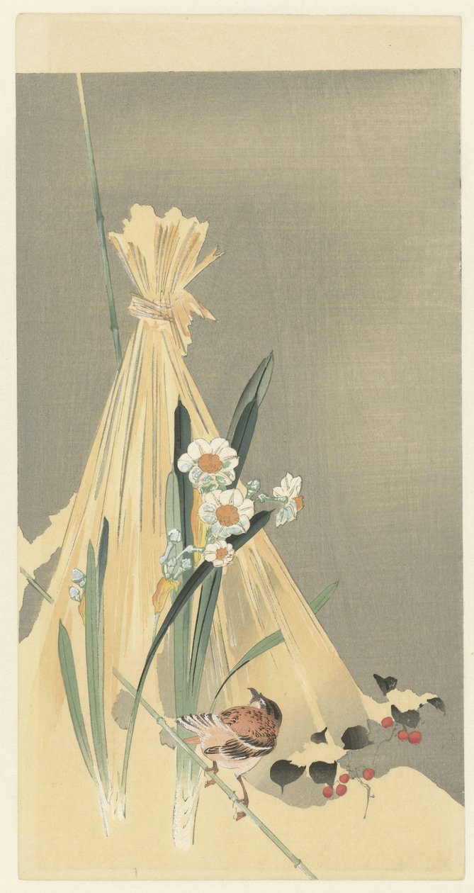 Uccello canoro vicino a un covone di fieno da Ohara Koson (attributed to)