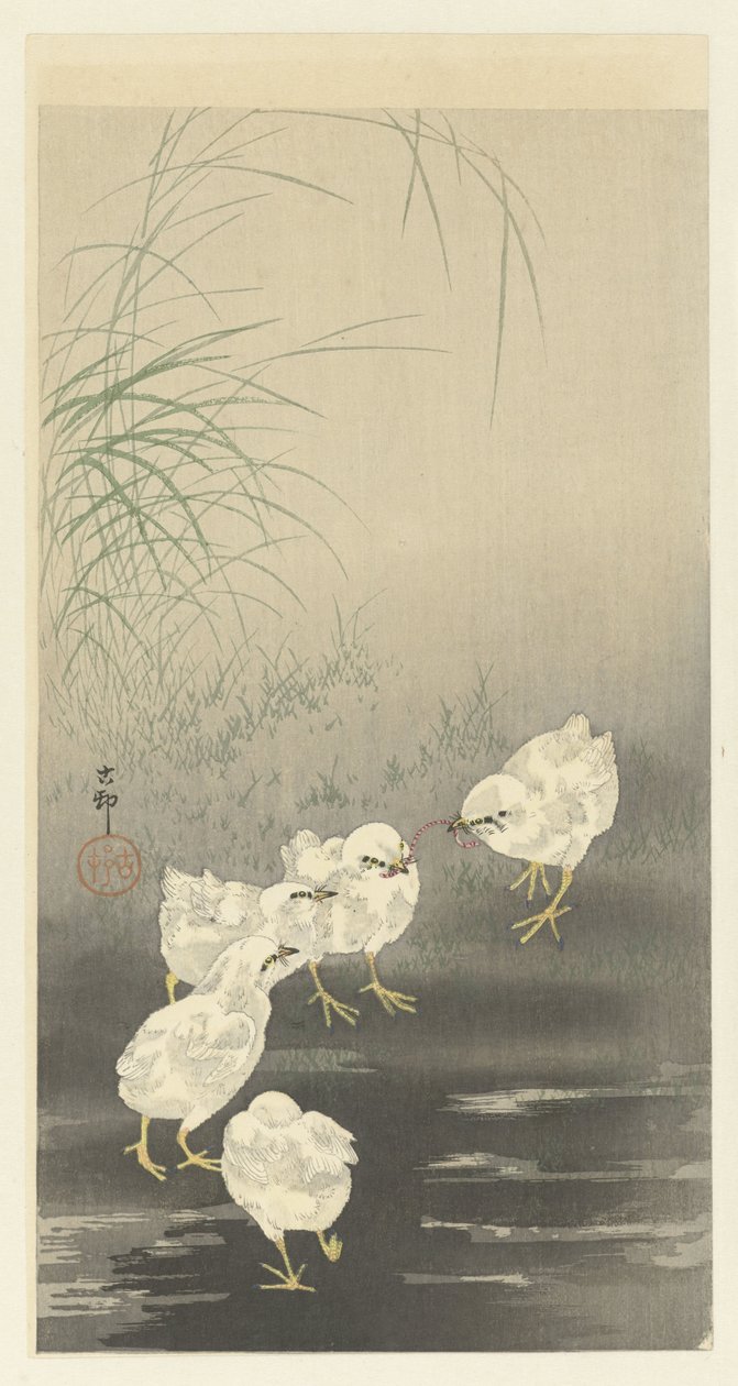 Pulcini e verme da Ohara Koson