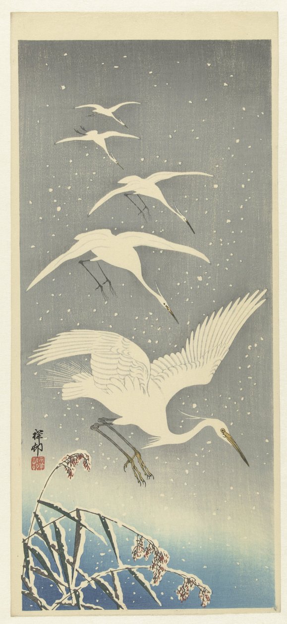 Aironi discendenti nella neve da Ohara Koson