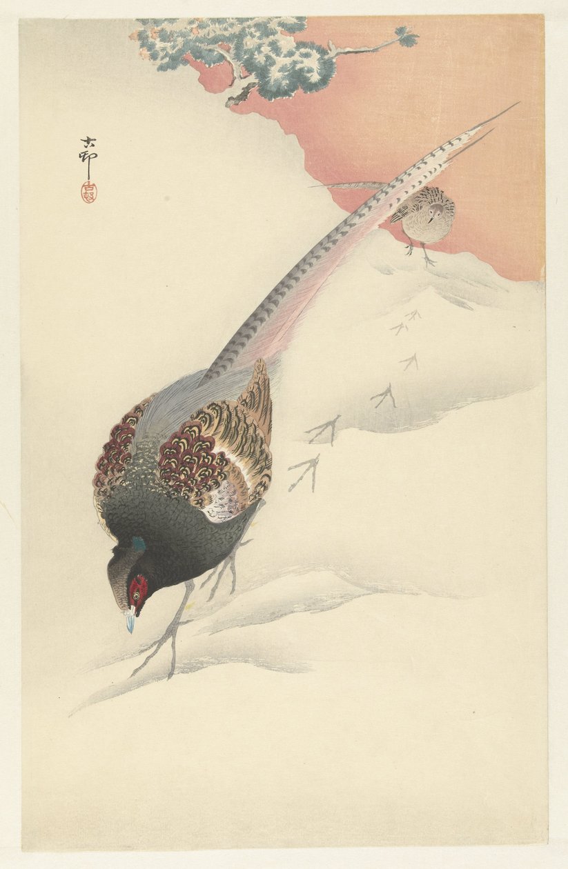 Coppia di fagiani nella neve da Ohara Koson