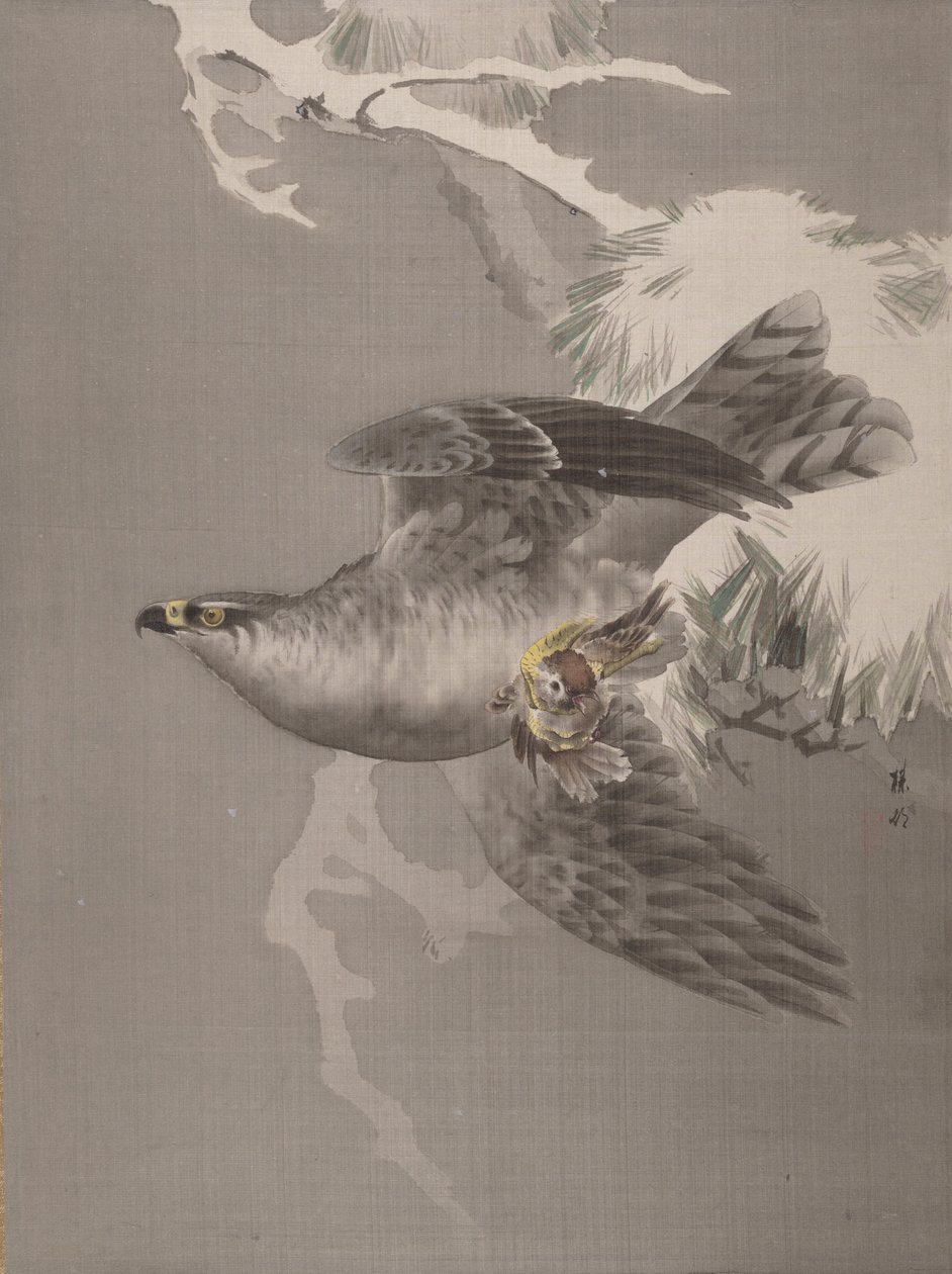 Falco che tiene un piccolo uccello da Okada Baison
