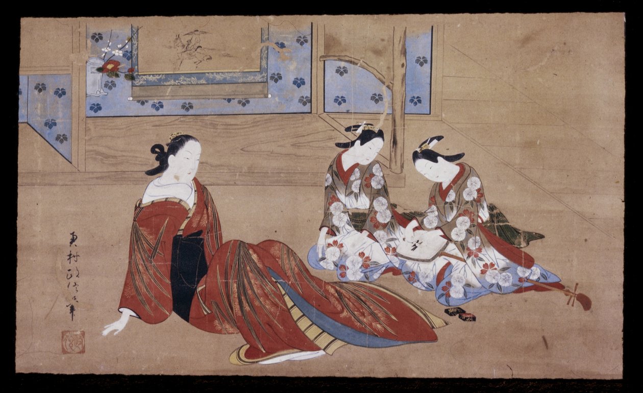 Nikuhitsu ukiyo-e: Cortigiana e due assistenti, c. 1735 da Okumura Masanobu
