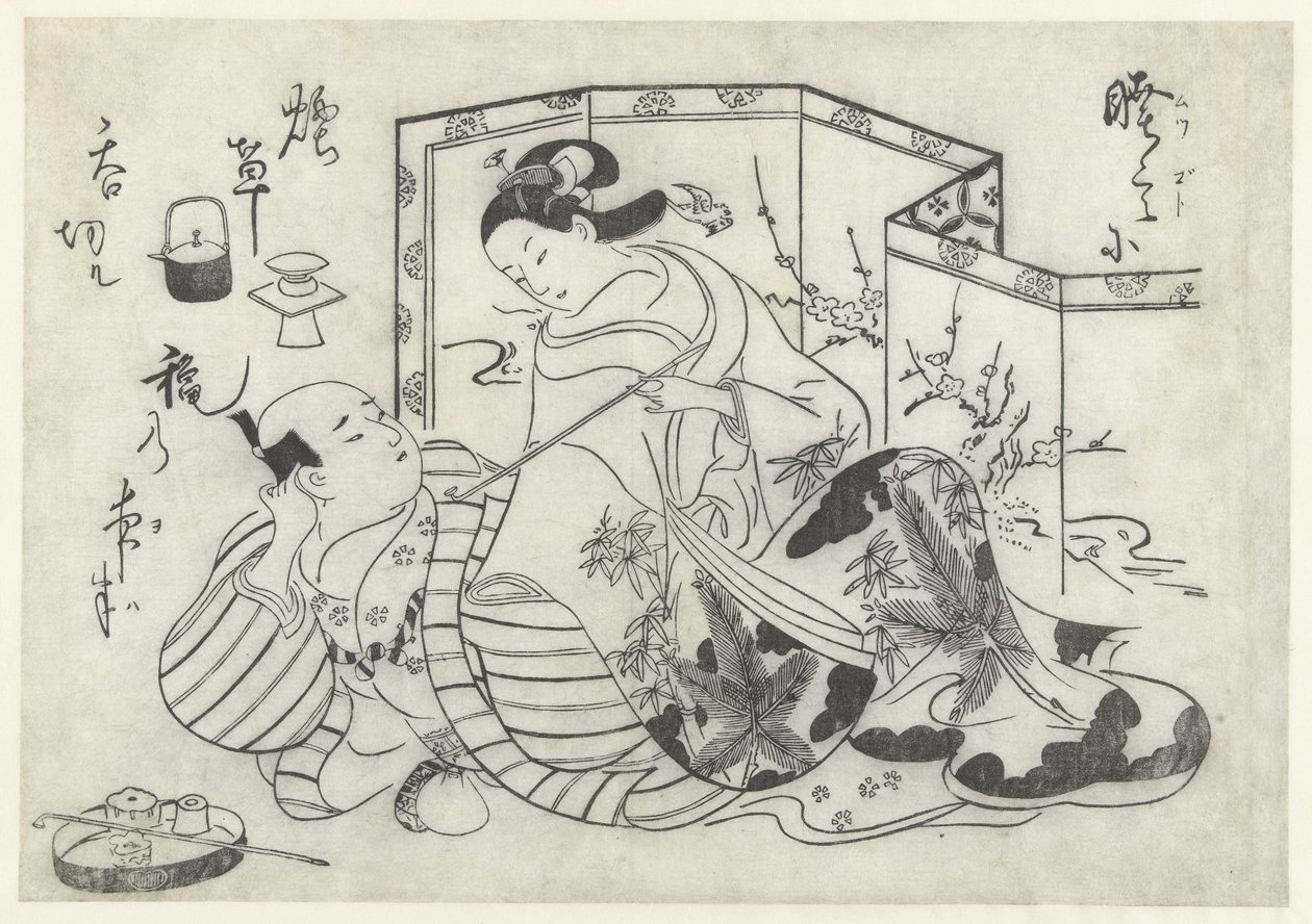 Uomo e donna giapponesi che fumano davanti a un paravento da Okumura Masanobu (attributed to)