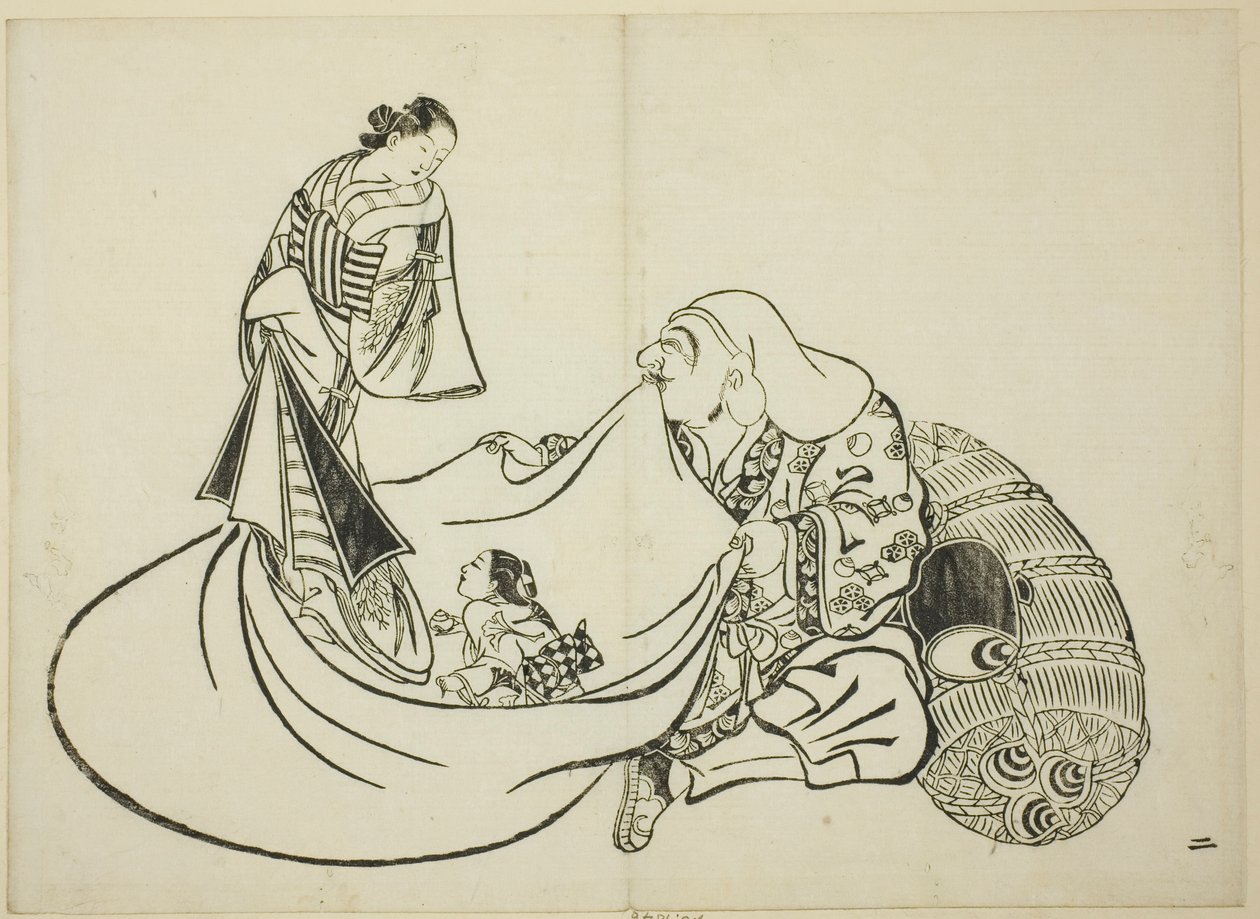 Daikoku che rivela il contenuto della borsa di Hotei, n. 2 della serie di 12 stampe da Okumura Masanobu