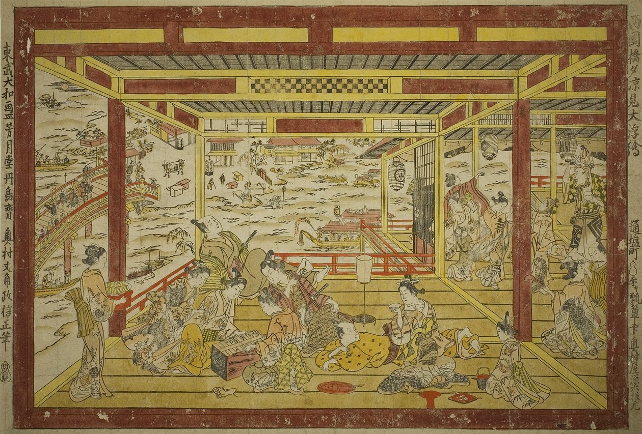 Godendo il fresco della sera vicino al ponte Ryogoku da Okumura Masanobu