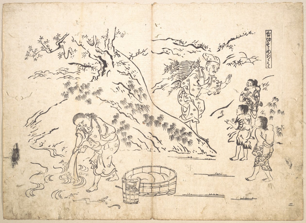 Un raccoglitore di legna trova un ragazzino con un passero da Okumura Masanobu