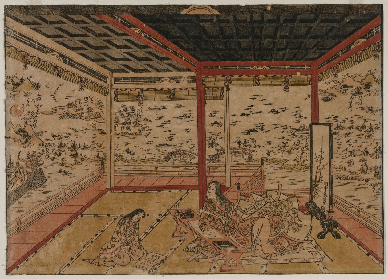 Lady Murasaki a Ishiyama con vista panoramica su sette vedute del lago Biwa, 1740 da Okumura Masanobu