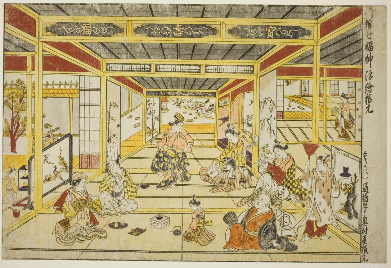 Immagine Prospettica Originale dei Sette Dei della Fortuna alla Moda (Furyu shichi fukujin uki-e kongen) da Okumura Masanobu