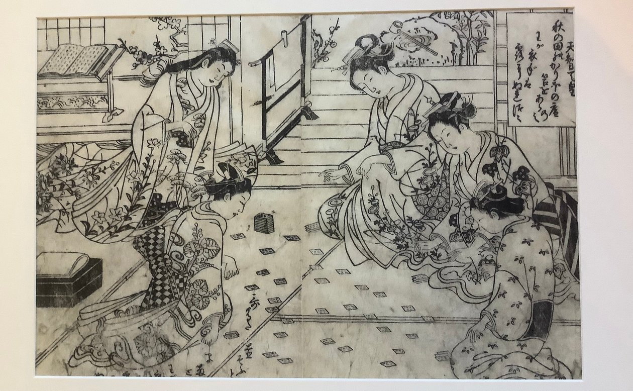 Parodia delle mani: donne che giocano al gioco di carte Cento poesie, un poeta ciascuna, illustrazione su doppia pagina da Cento poesie, un poeta ciascuna da Okumura Masanobu