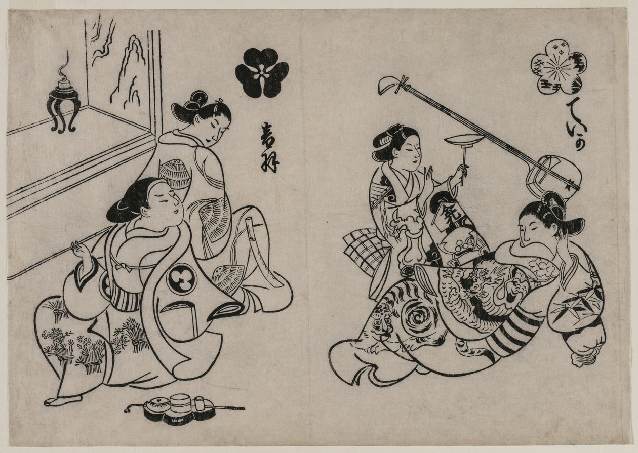 Tre cortigiane con un cliente da Okumura Masanobu