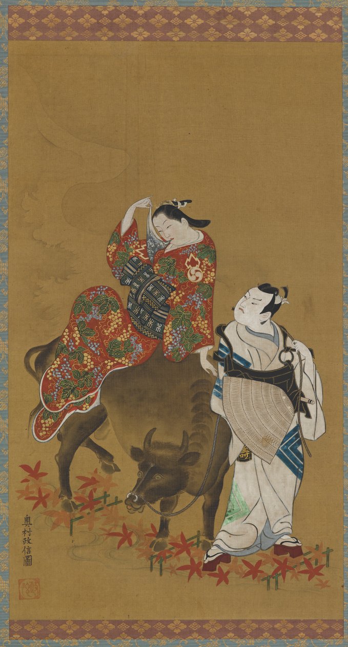 Due attori kabuki nei ruoli di una cortigiana su un bufalo d