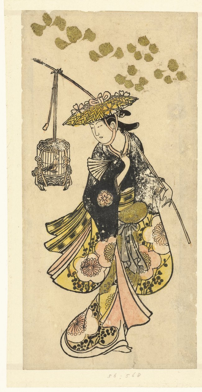 Giovane donna con gabbia per uccelli da Okumura Toshinobu (attributed to)