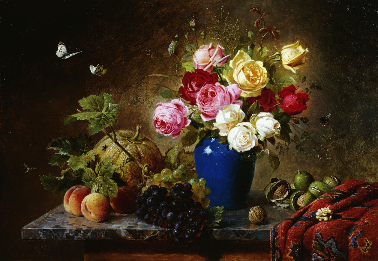 Rose in un vaso, pesche, noci e un melone su un ripiano di marmo, 1891 da Olaf August Hermansen