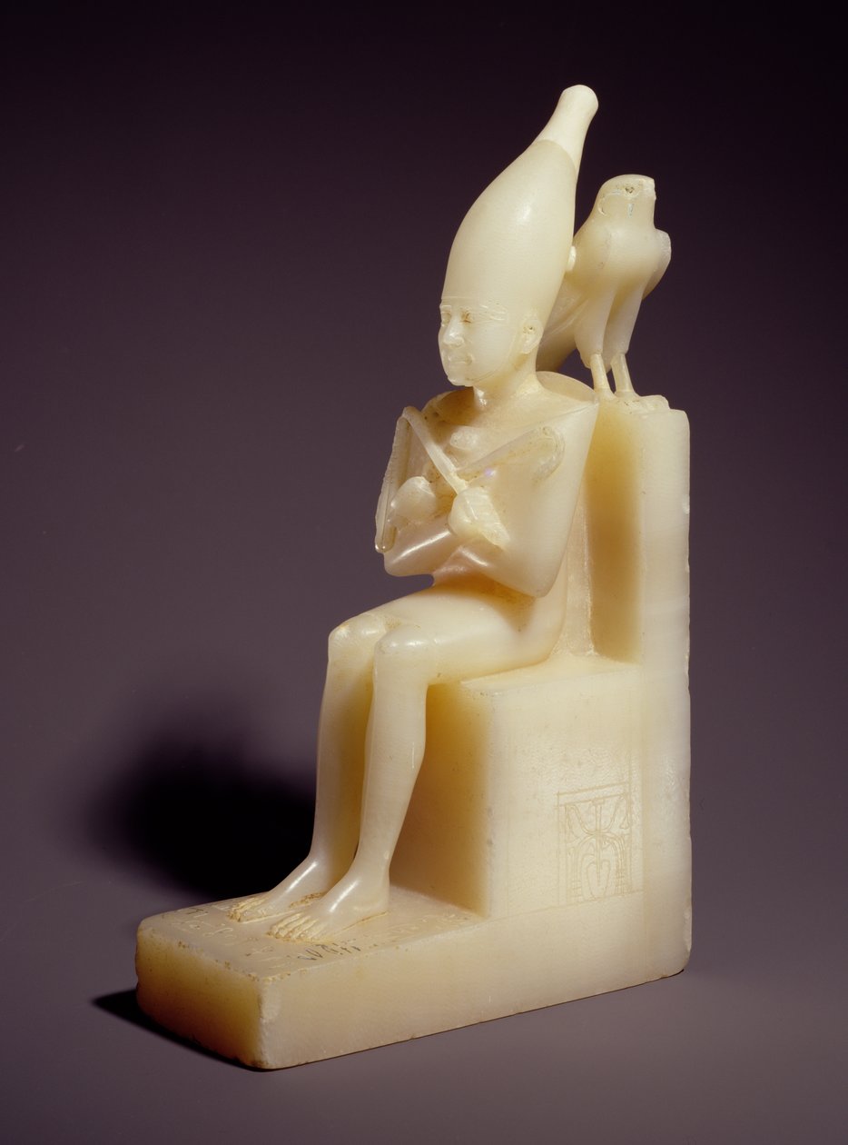 Piccola statuetta seduta di Pepi I (2289-2255 a.C.) con Falco Horus da Old Kingdom Egyptian