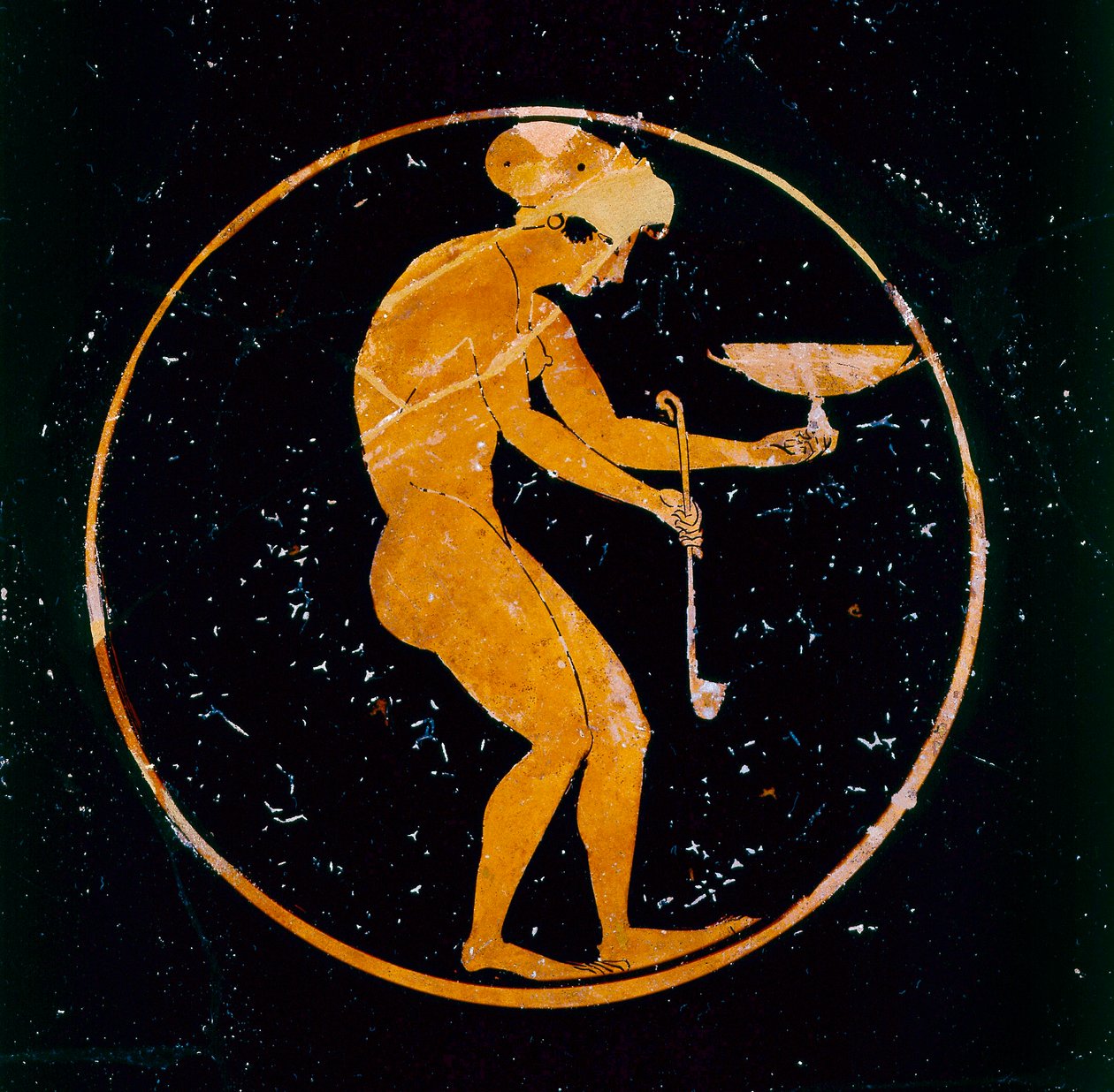 Coppa attica a figure rosse con ragazza nuda con coppa e mestolo, 520 a.C. da Oltos