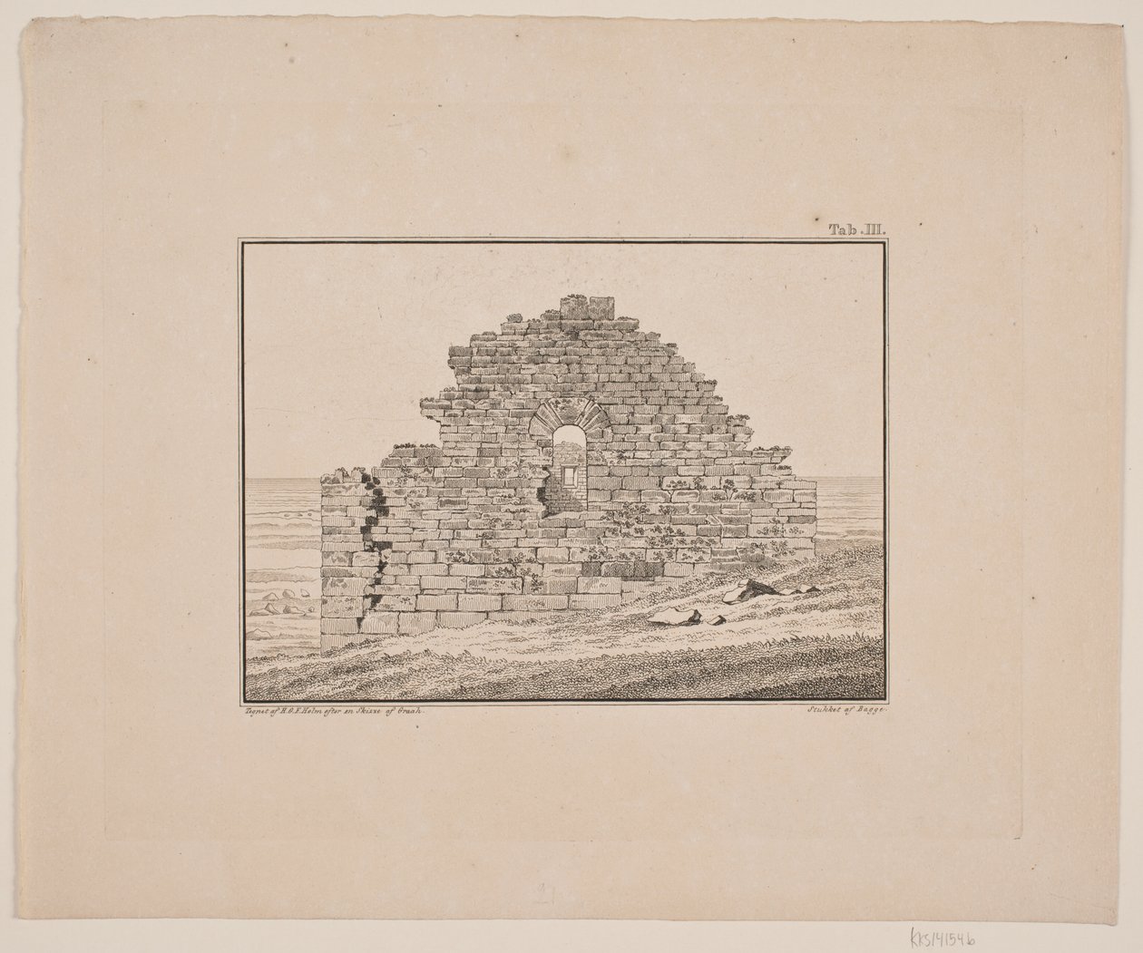 Rovine di una chiesa in Groenlandia. Illustrazione per W.A. Graah. Viaggio di esplorazione alla costa orientale della Groenlandia da Oluf Olufsen Bagge
