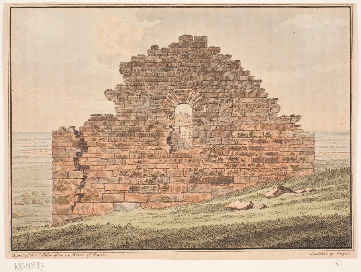 Rovine di una chiesa in Groenlandia. Illustrazione per W.A. Graah. Viaggio di esplorazione sulla costa orientale della Groenlandia da Oluf Olufsen Bagge