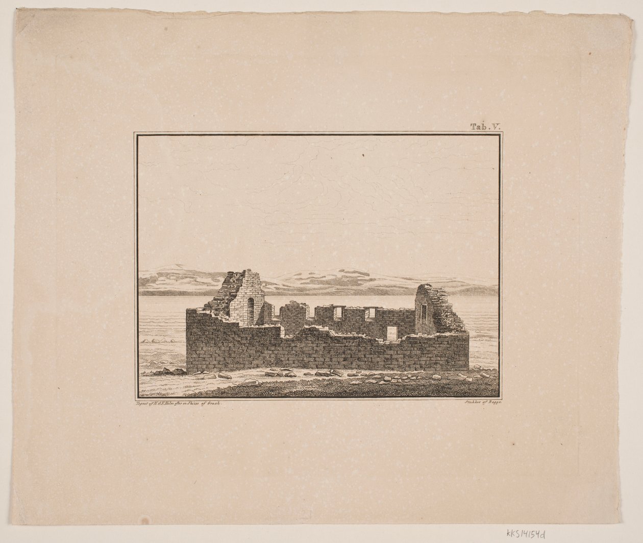 Rovine di una chiesa in Groenlandia. Illustrazione per W.A. Graah. Viaggio di esplorazione alla costa orientale della Groenlandia da Oluf Olufsen Bagge