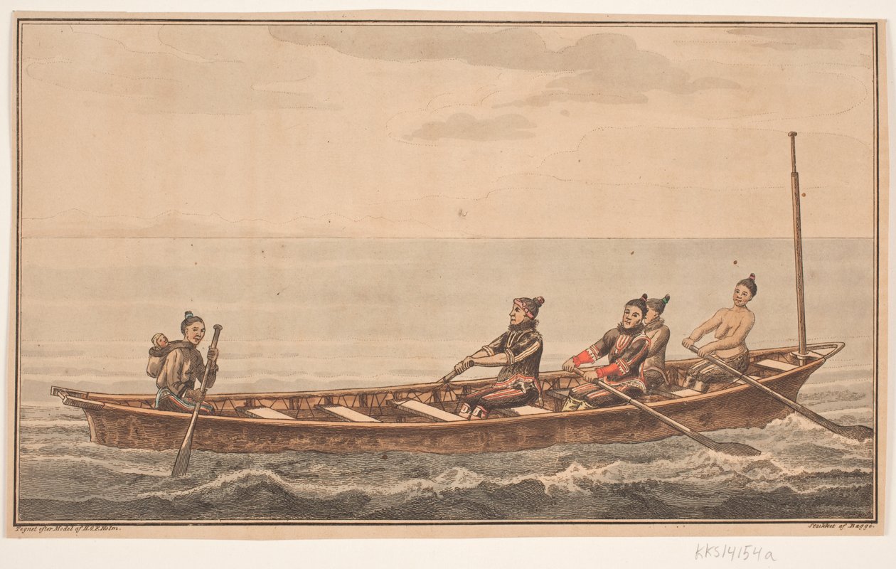 Barca da donna. Illustrazione per W.A. Graah. Viaggio di esplorazione alla costa orientale della Groenlandia da Oluf Olufsen Bagge
