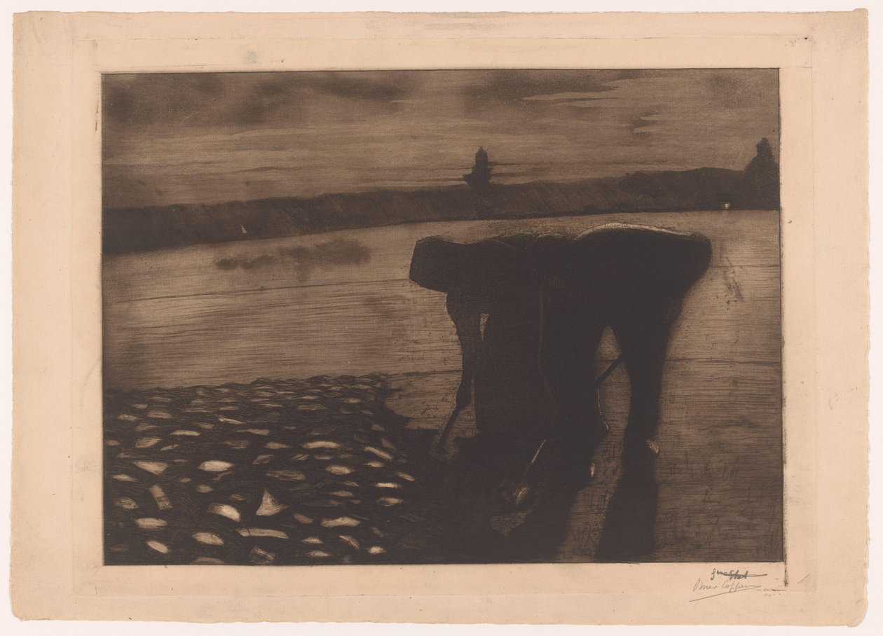 Uomo e donna lavorano di sera sul letto di un fiume da Omer Coppens (signed by artist)