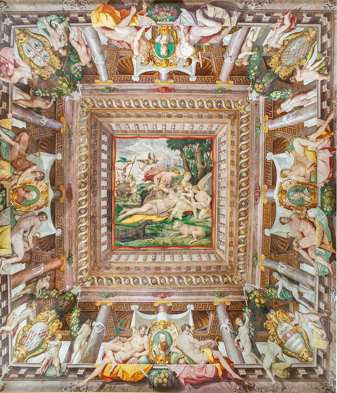 Vista del soffitto della Stanza di Adone e delle pietre commemorative dei membri della famiglia Rossi, Gonzaga, Riario e Medici, Rocca dei Rossi, San Secondo, Parma, Italia da Orazio (attr.to) Samacchini