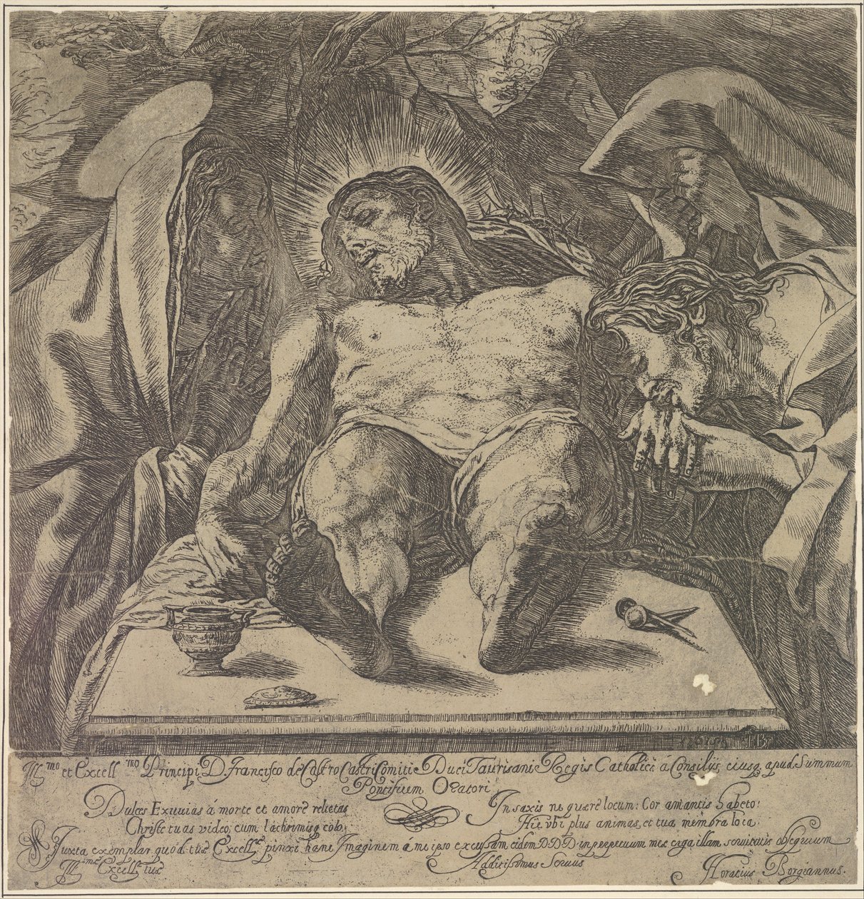 Compianto sul corpo di Cristo dalle tre Marie, un vaso di unguento sul tavolo a..., 1615 da Orazio Borgianni
