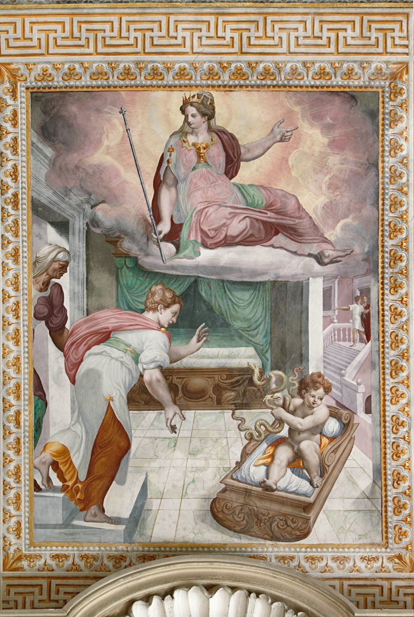 Il neonato Ercole combatte i serpenti inviati da Era, sotto lo sguardo di sua madre Alcmena (dettaglio) da Orazio Samacchini