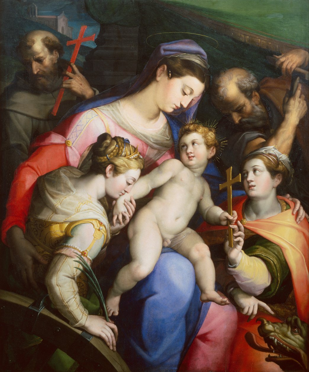 La Sacra Famiglia con i Santi Margherita, Caterina e Francesco da Orazio Samacchini