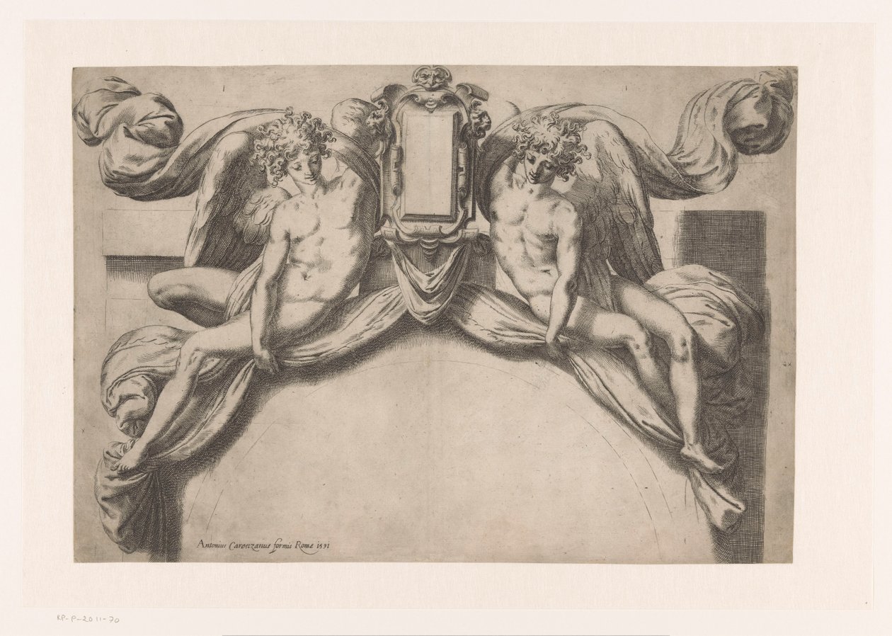 Progetto per una cornice di porta con due geni che tengono un cartiglio da Orazio de Santis (attributed to)