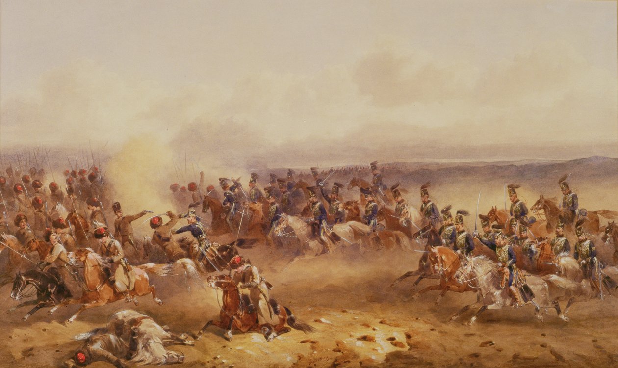 Uno squadrone del 10° Ussari sconfigge i russi a Tchernaya, 16 agosto 1855, c.1890 da Orlando Norie