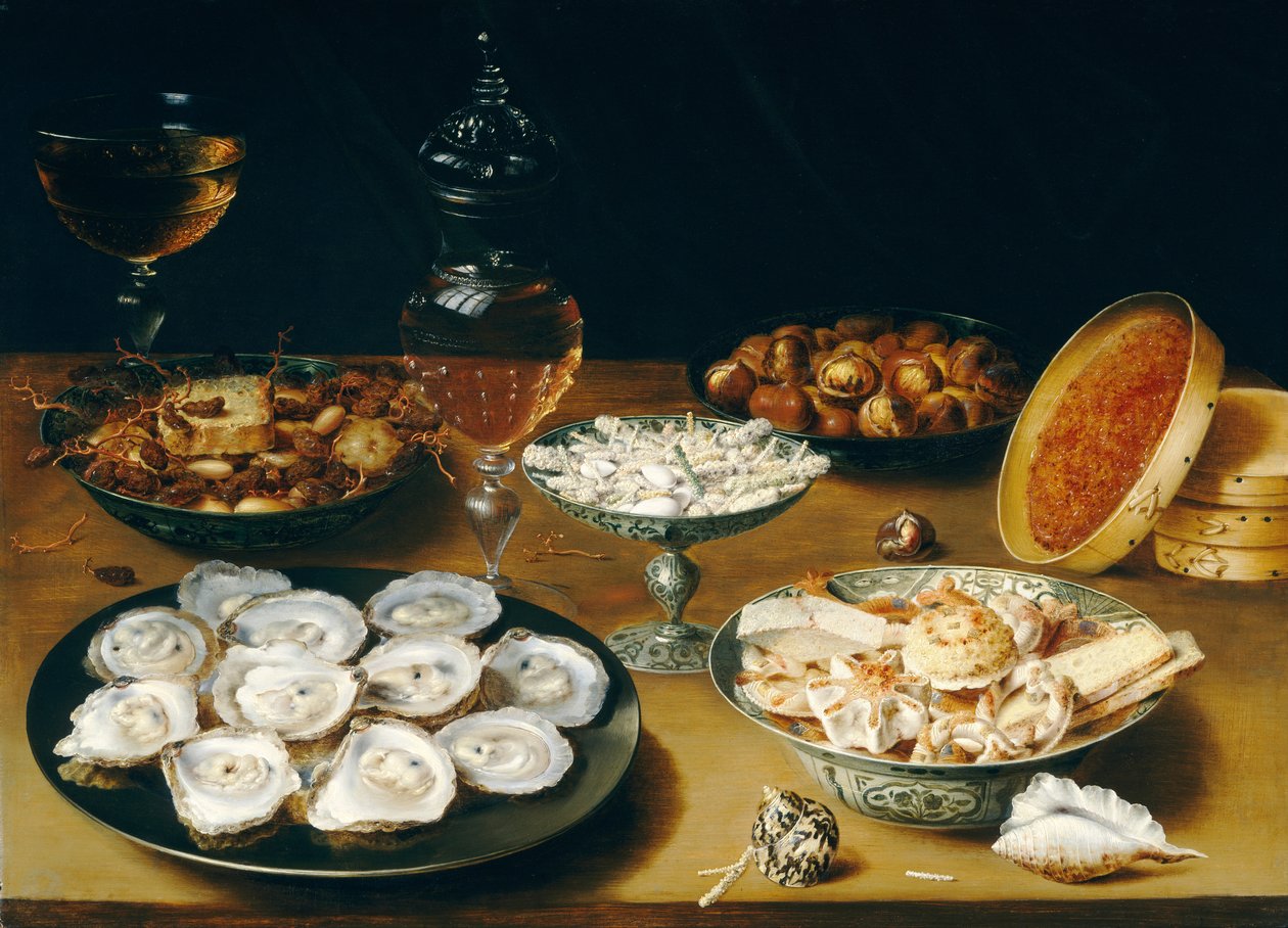 Piatti con ostriche, frutta e vino da Osias Beeret